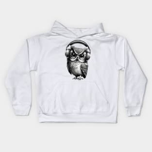 Owl Drawing in Black and White Wearing Headphones Kids Hoodie